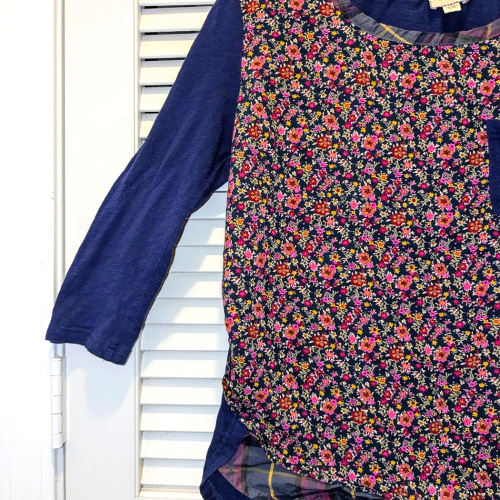 Anthropologie Postmark Women's Navy Pink Floral Plaid Stretchy Boho Top Sz Small - Picture 7 of 11